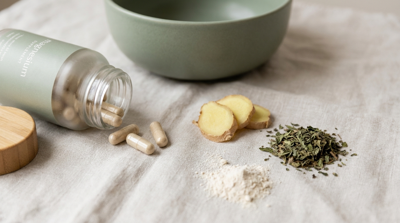 Supplement capsules spilling from a bottle beside ginger root, peppermint and magnesium powder