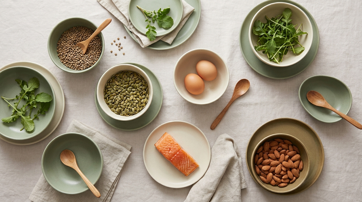 Overhead flat lay of nutrient-dense foods: lentils, pumpkin seeds, leafy greens, eggs, salmon and almonds
