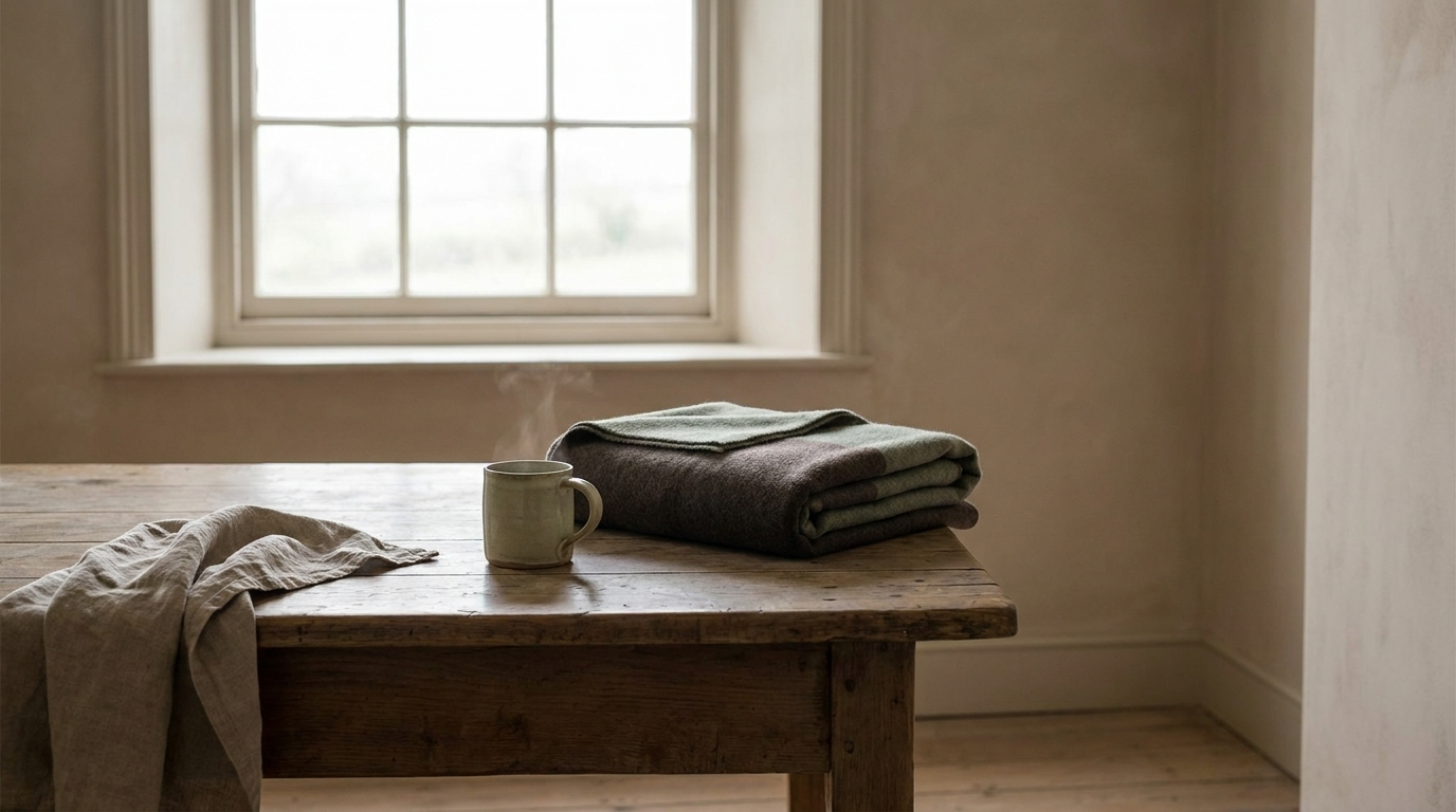 An untouched mug of herbal tea on a wooden table in quiet morning light