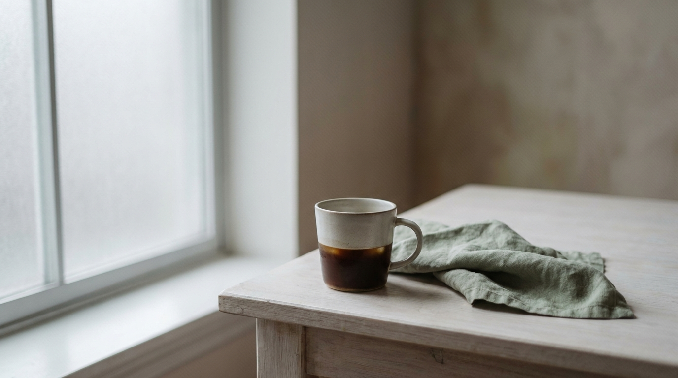 A cold, half-finished cup of coffee on a pale table in flat grey morning light