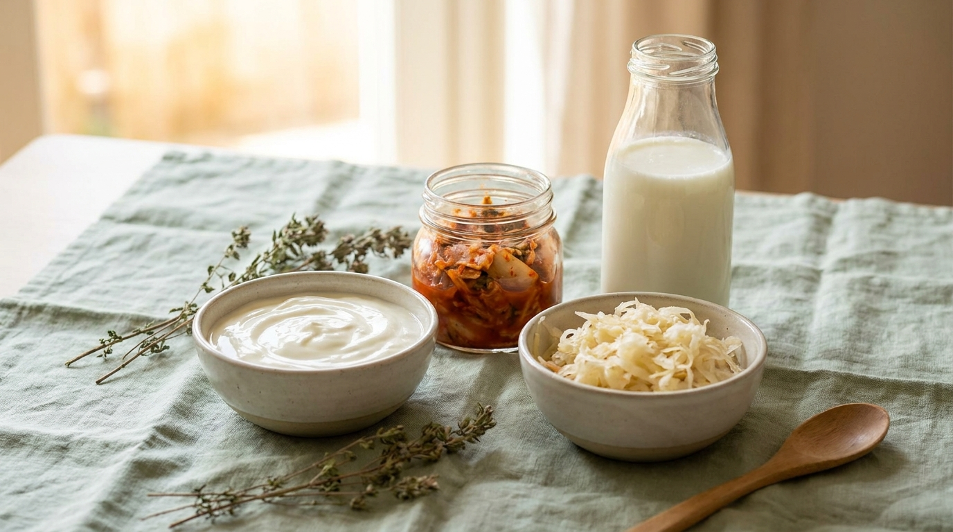 Fermented probiotic foods: plain yoghurt, kimchi, sauerkraut and kefir