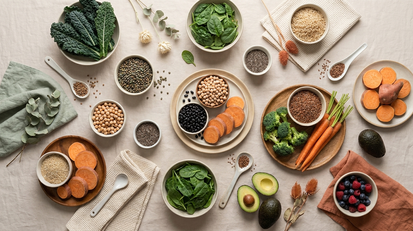 An overhead spread of varied high-fibre plant foods: vegetables, pulses, whole grains and seeds