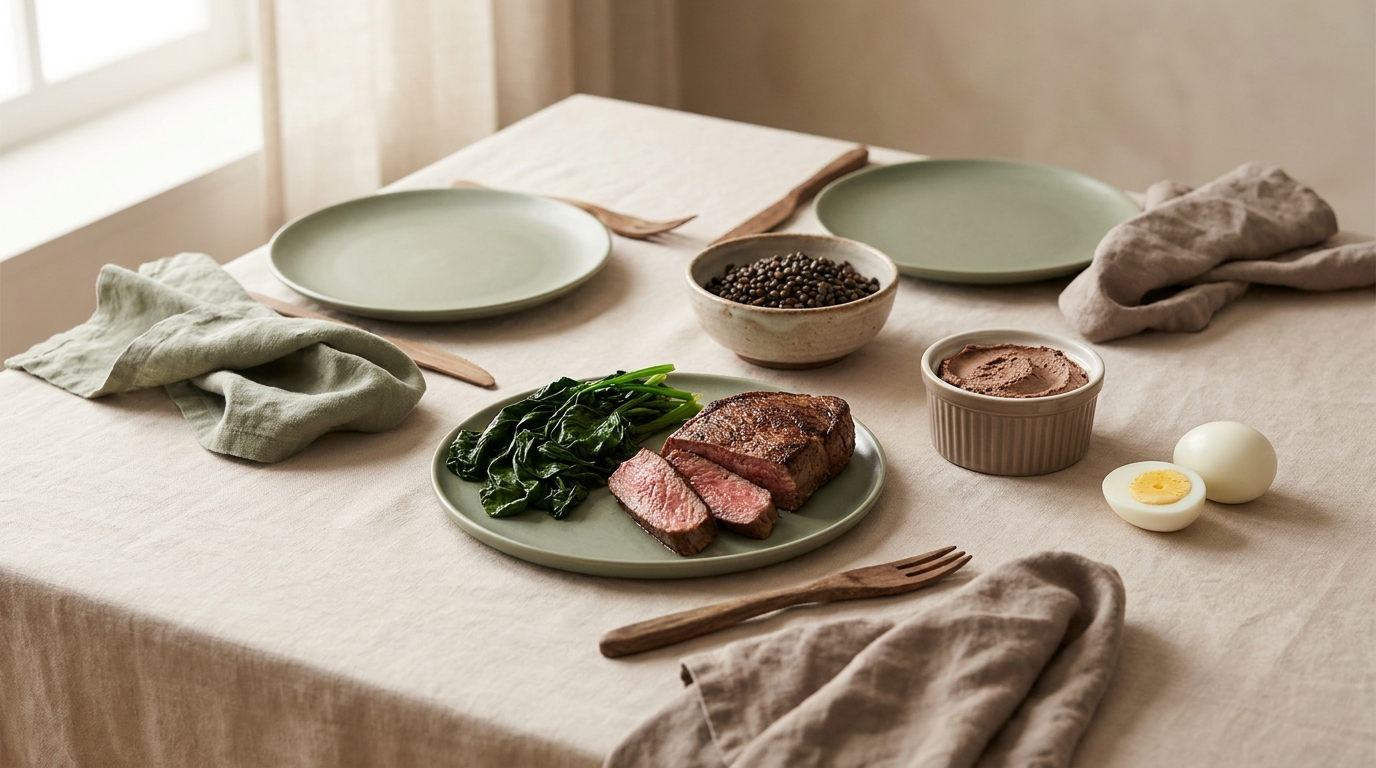 Iron and B12 rich foods: lean beef, spinach, lentils and eggs on pale linen