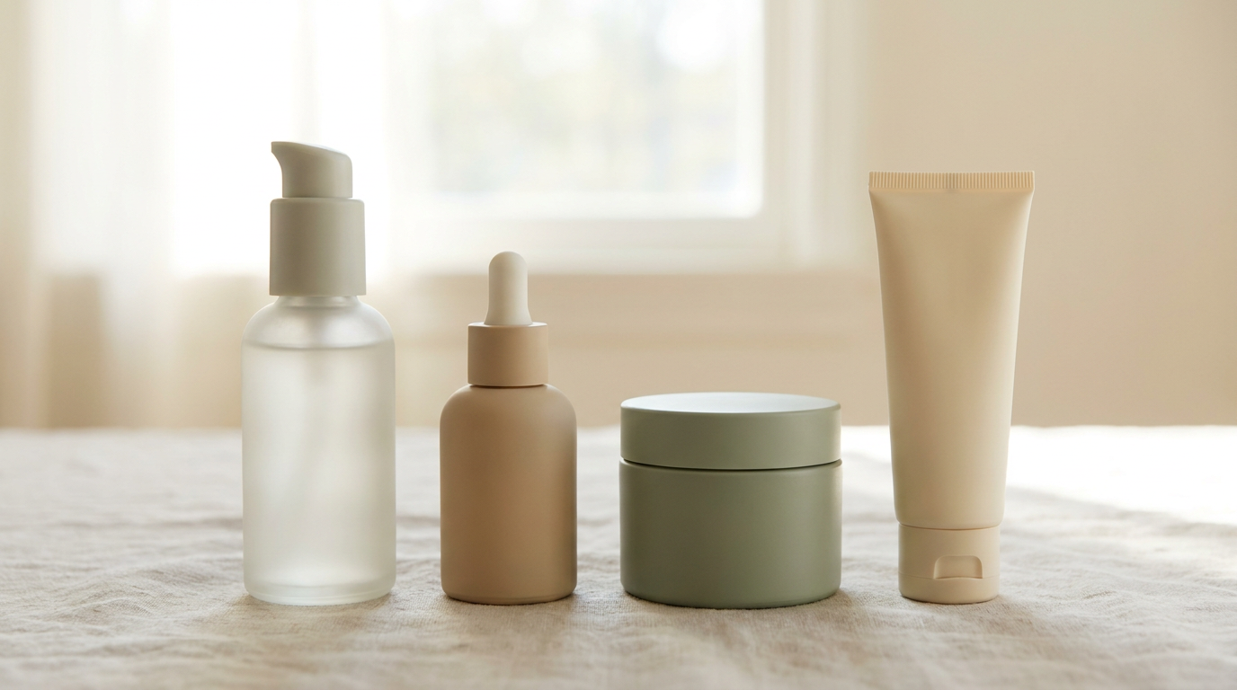 Four unbranded skincare products in a row: cleanser, serum, moisturiser and sunscreen