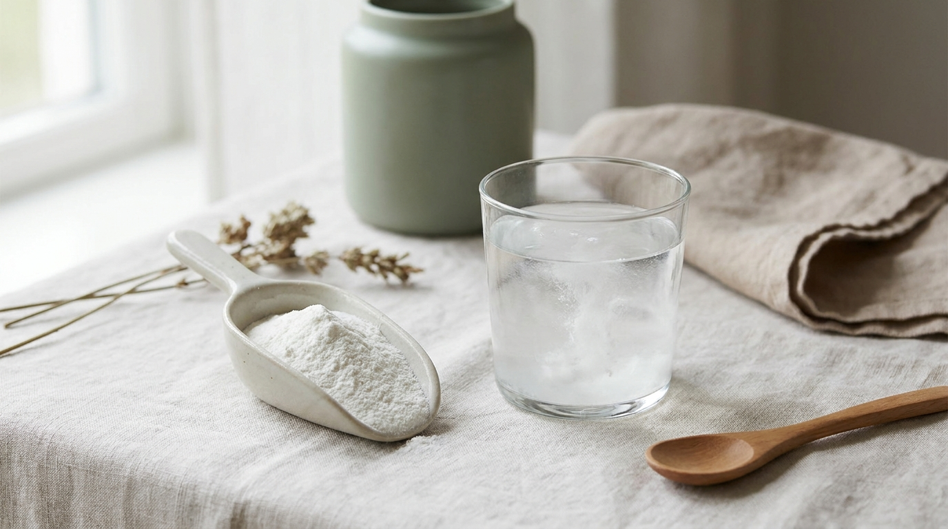 A scoop of unflavoured collagen peptide powder dissolving beside a glass of water