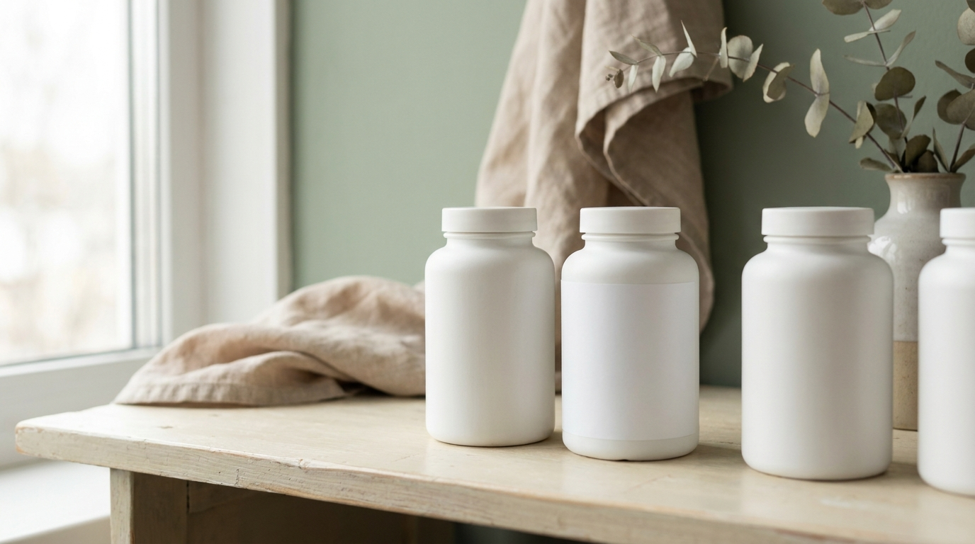 A row of plain unbranded supplement bottles with one turned to show its blank back panel