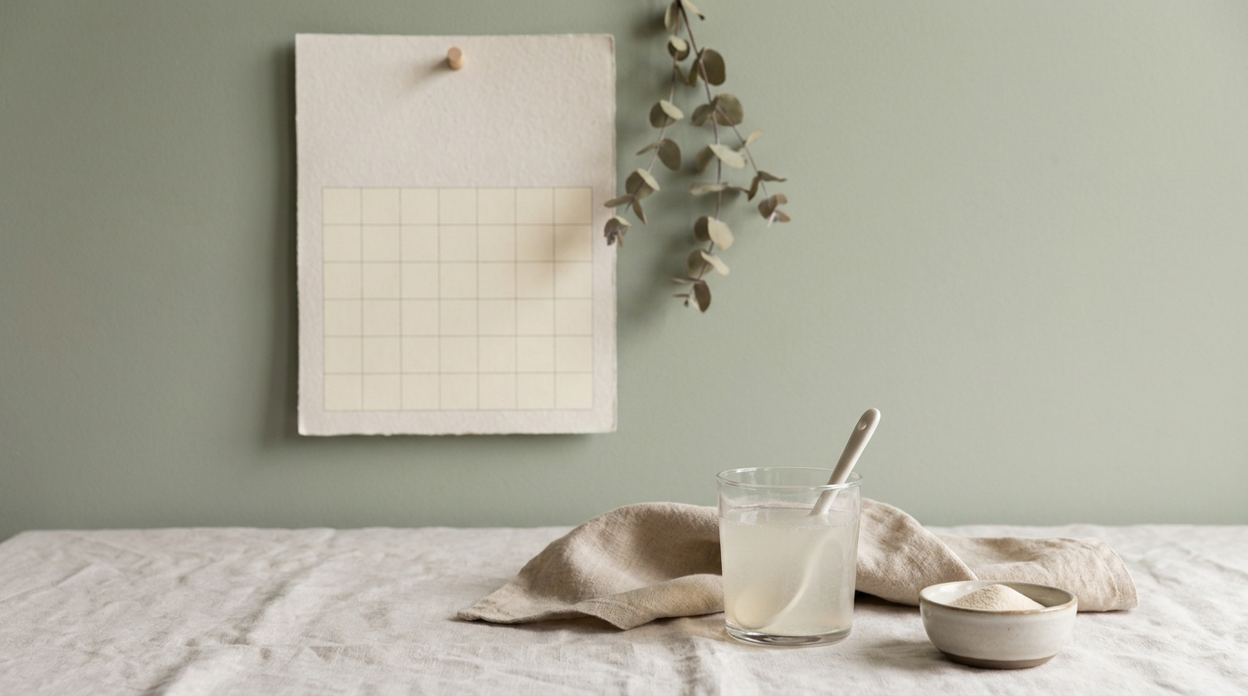 A wall calendar beside a glass of dissolved collagen powder, suggesting the passage of weeks