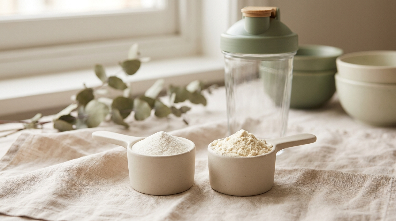 Two scoops side by side: fine white collagen powder and creamy whey protein powder, with a shaker behind