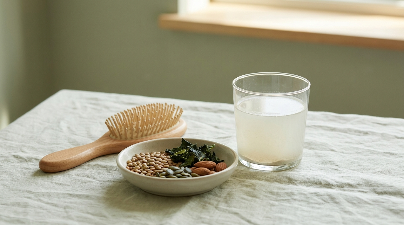 A wooden hairbrush on pale linen beside iron-rich foods and a glass of dissolved collagen powder