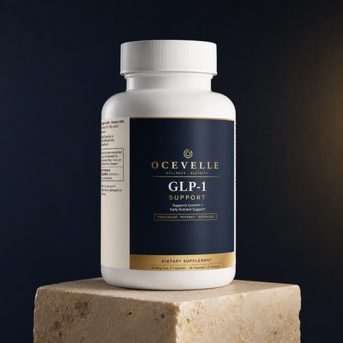 Ocevelle GLP-1 Support premium navy and gold studio hero