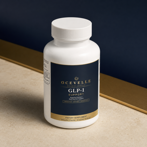 Ocevelle GLP-1 Support elevated product angle on ivory stone