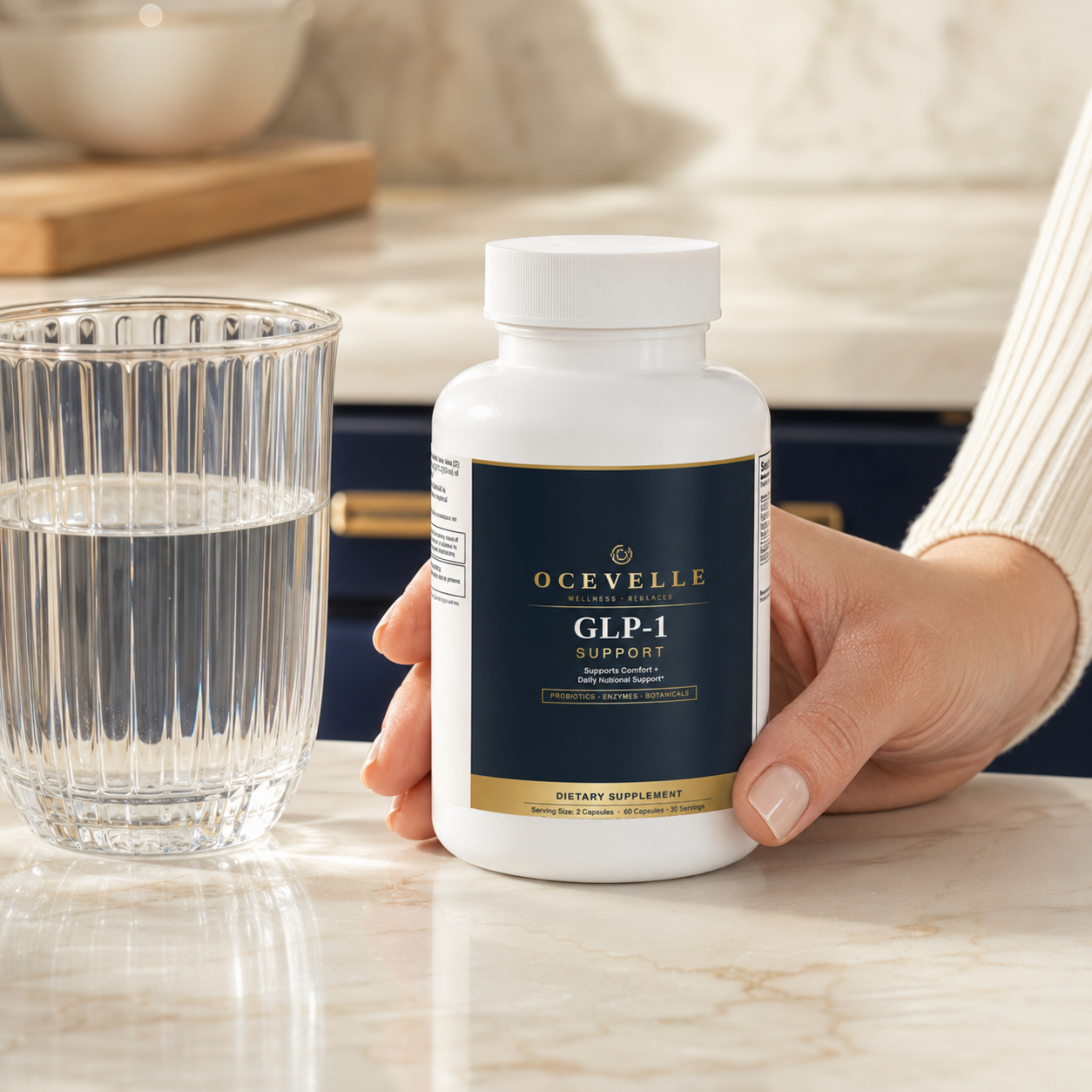 Ocevelle GLP-1 Support bottle held beside a glass of water