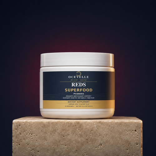 Ocevelle Reds Superfood premium navy and berry studio hero