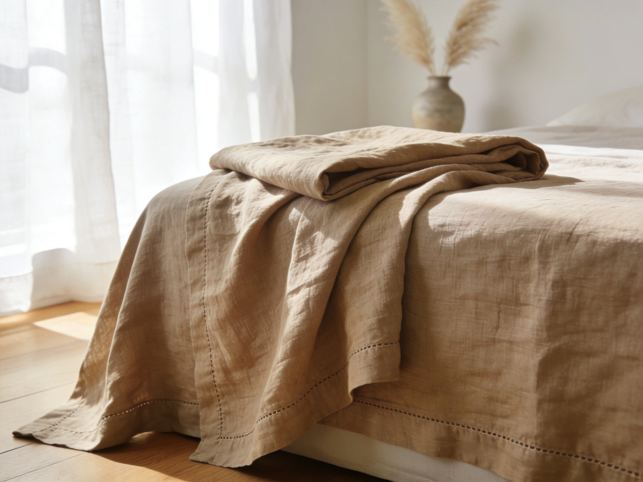 Beige linen blanket on a bed in a softly lit room